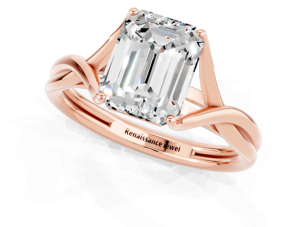 Rose gold Emerald Cut Moissanite Solitaire Twist Band Prong Setting Ring