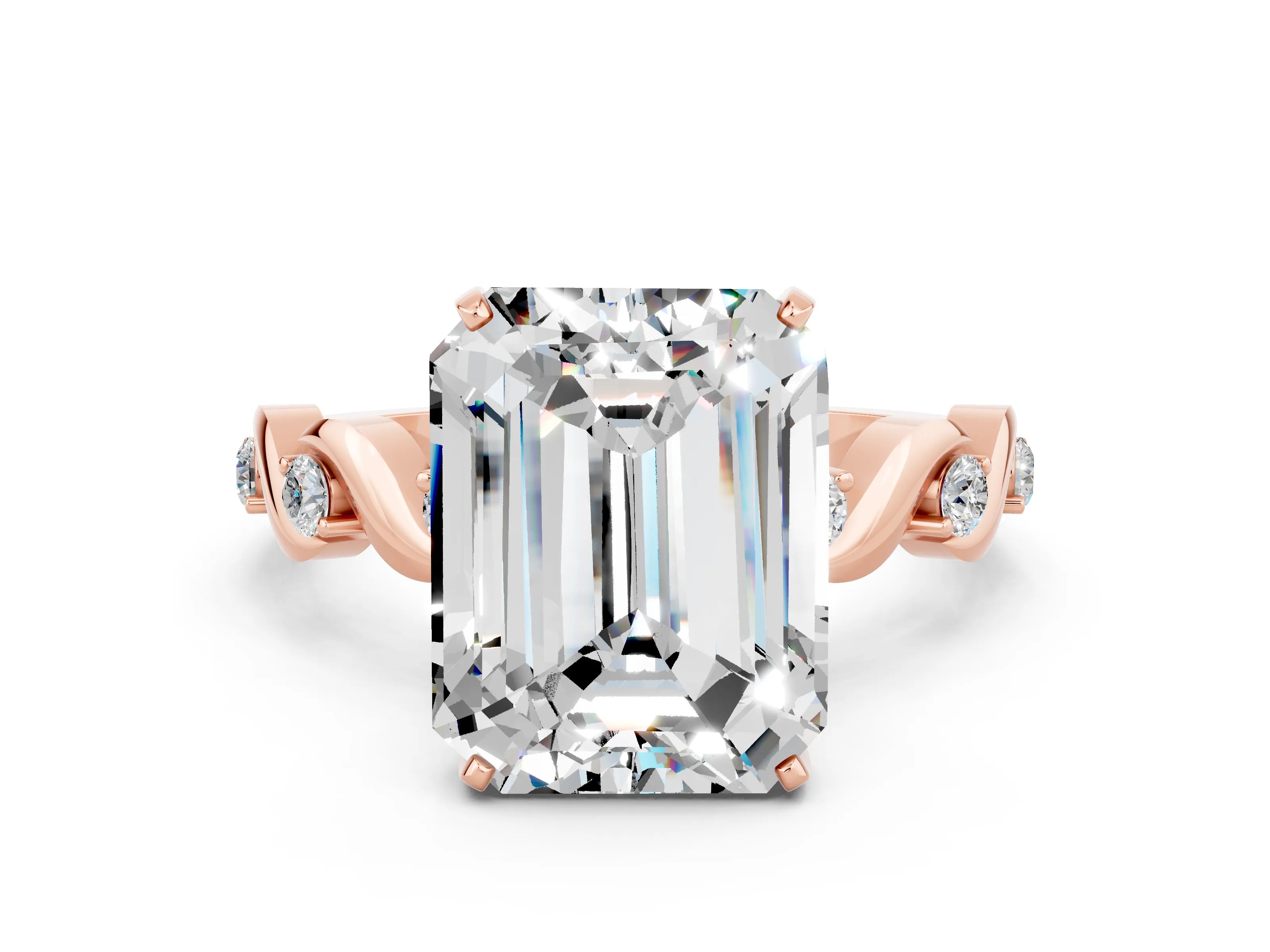 Rose gold Emerald Cut Moissanite Solitaire Twisted Band with Round  Accents and Prong Setting_12