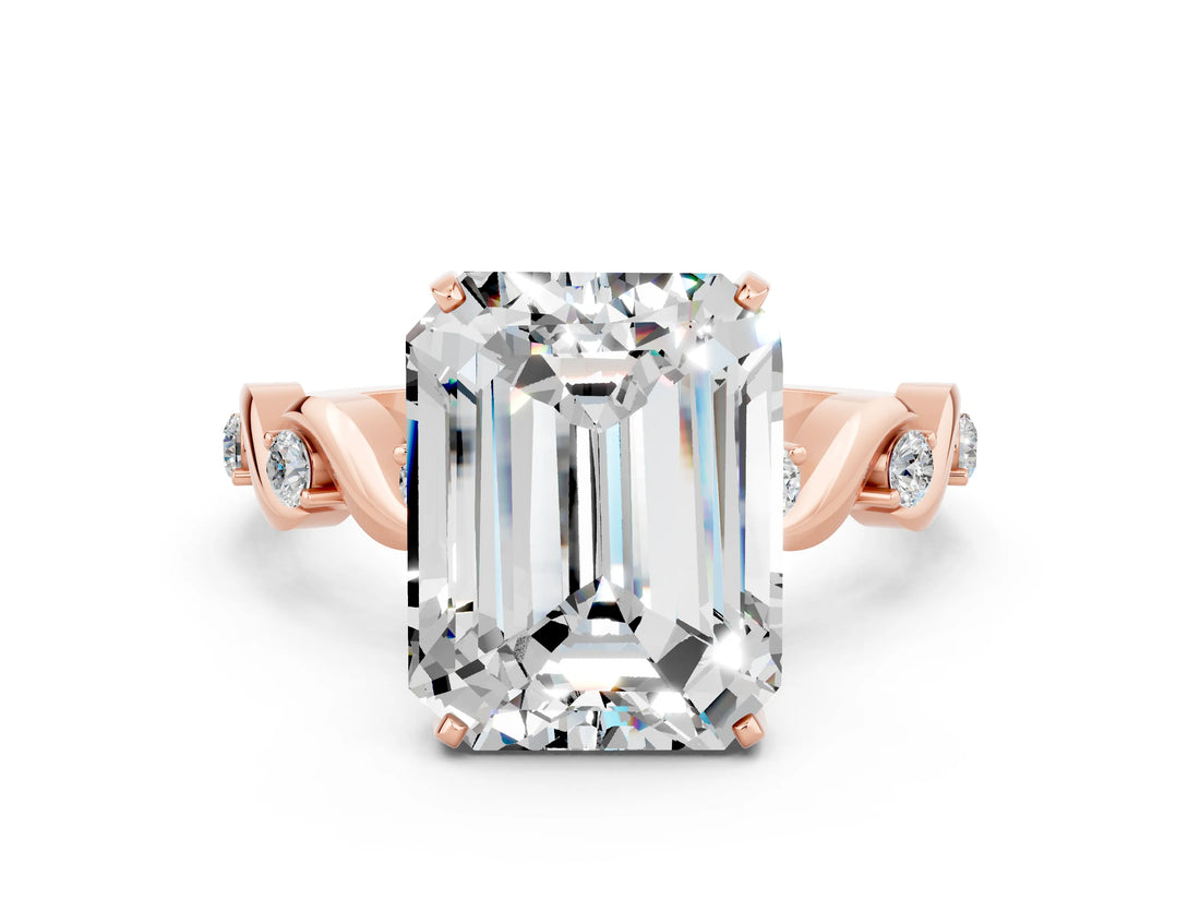 Rose gold Emerald Cut Moissanite Solitaire Twisted Band with Round  Accents and Prong Setting_12