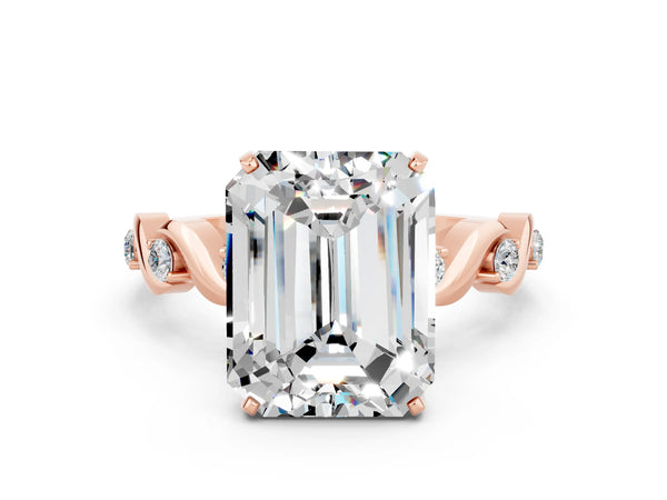 Rose gold Emerald Cut Moissanite Solitaire Twisted Band with Round  Accents and Prong Setting