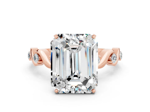 Rose gold Emerald Cut Moissanite Solitaire Twisted Band with Round  Accents and Prong Setting_12