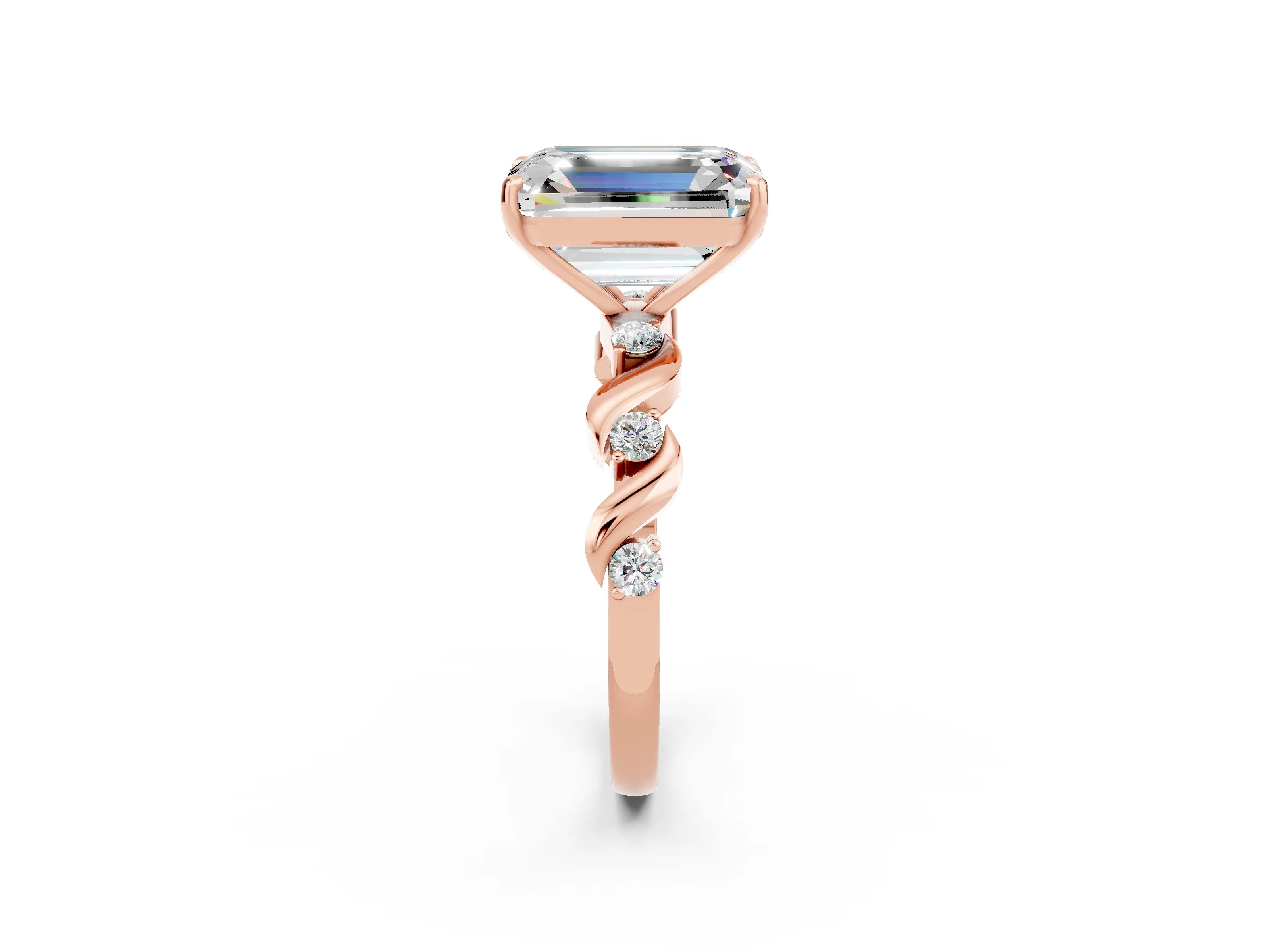 Rose gold Emerald Cut Moissanite Solitaire Twisted Band with Round  Accents and Prong Setting_14