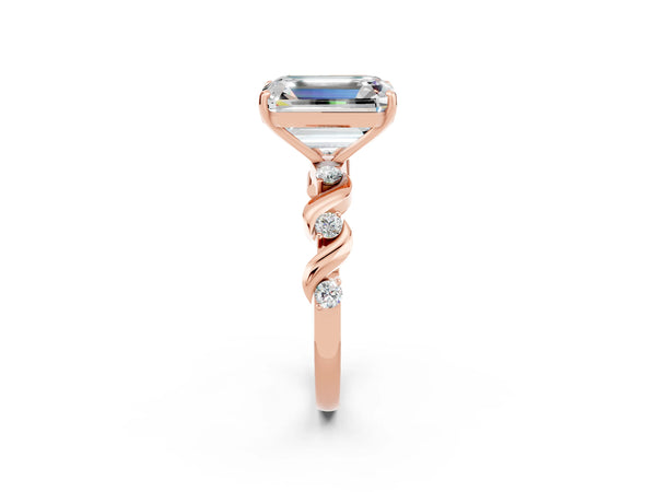 Rose gold Emerald Cut Moissanite Solitaire Twisted Band with Round  Accents and Prong Setting