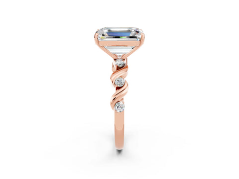 Rose gold Emerald Cut Moissanite Solitaire Twisted Band with Round  Accents and Prong Setting_14