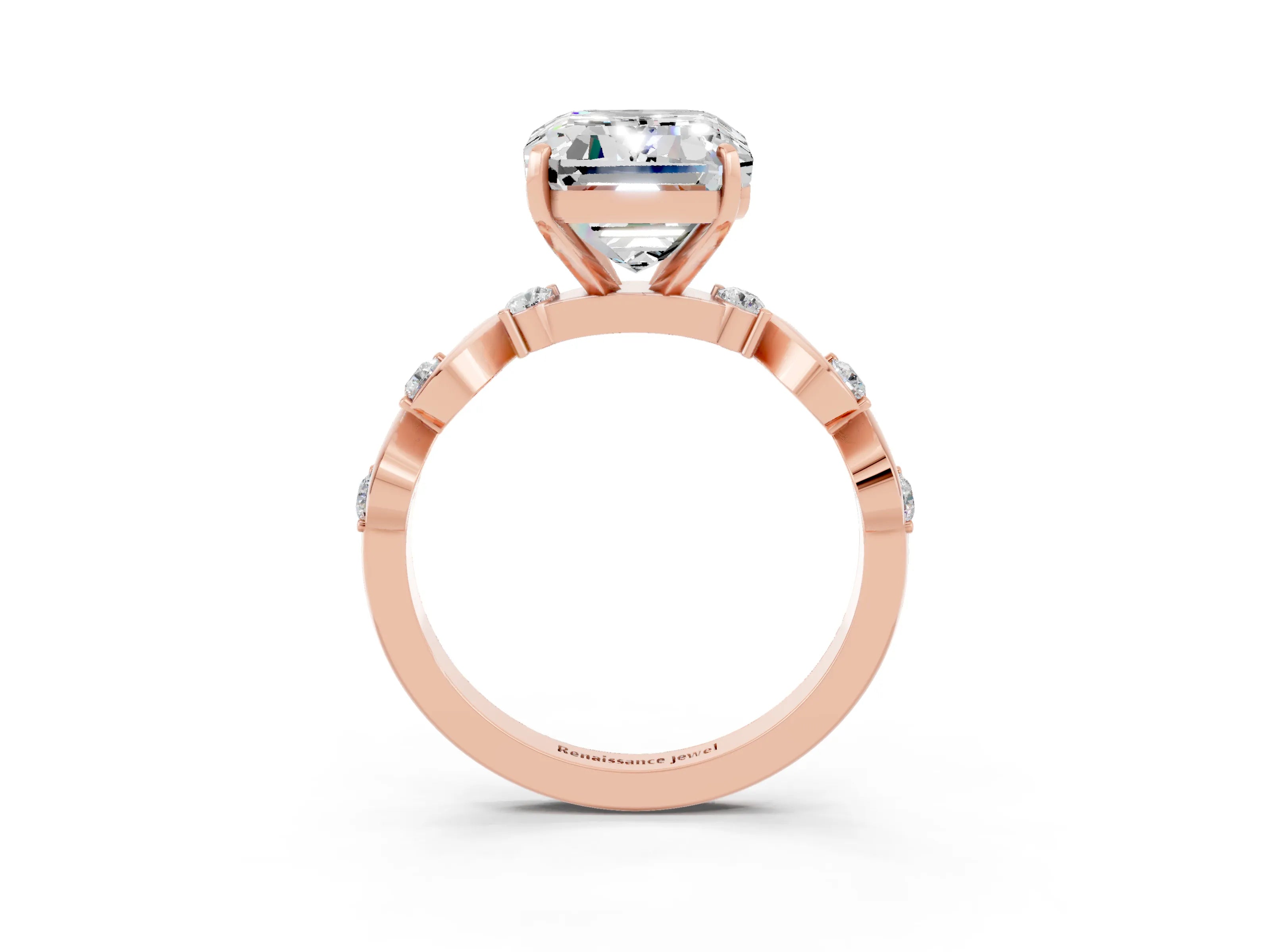 Rose gold Emerald Cut Moissanite Solitaire Twisted Band with Round  Accents and Prong Setting_15