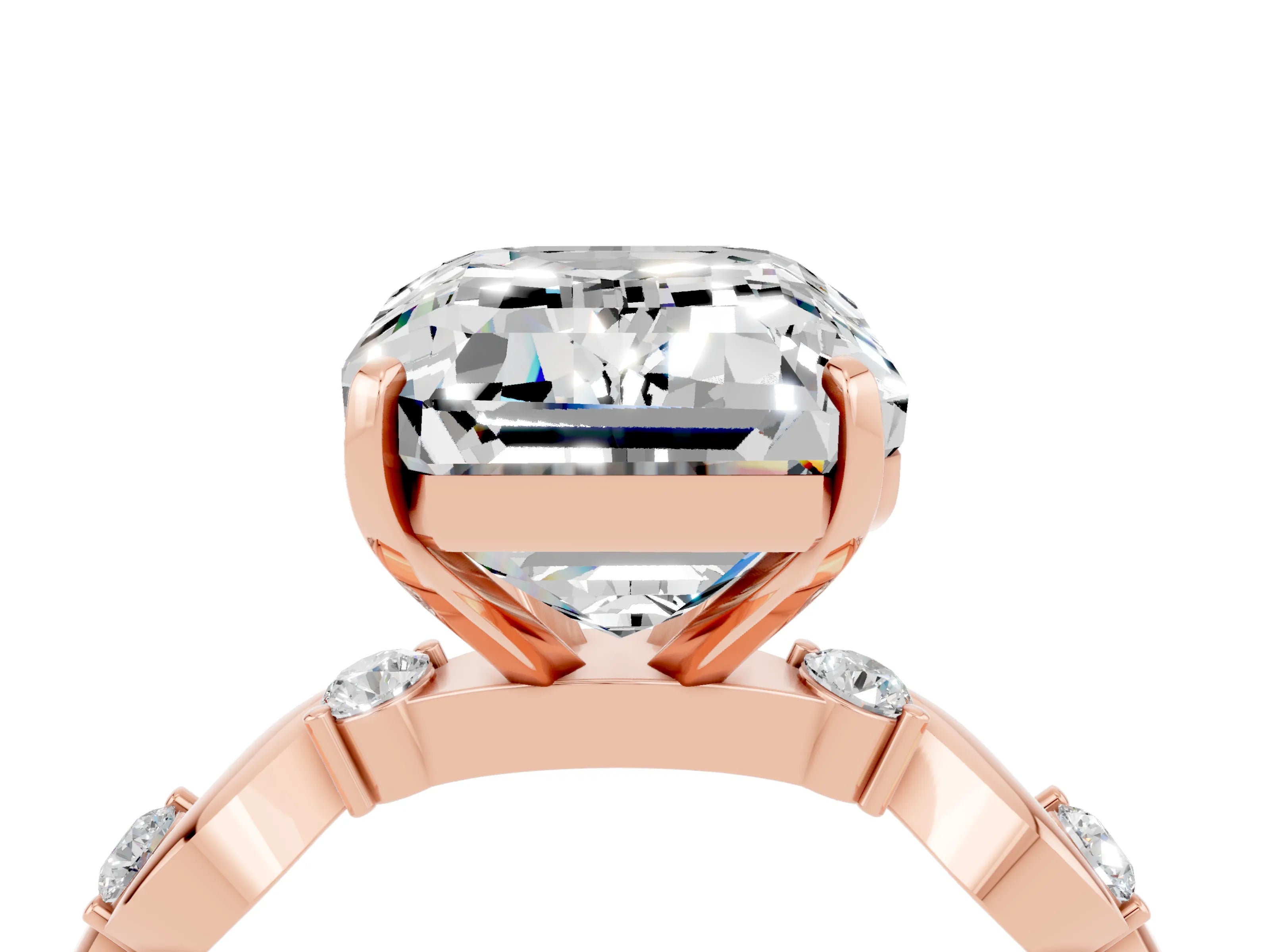 Rose gold Emerald Cut Moissanite Solitaire Twisted Band with Round  Accents and Prong Setting_16