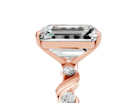 Rose gold Emerald Cut Moissanite Solitaire Twisted Band with Round  Accents and Prong Setting_17