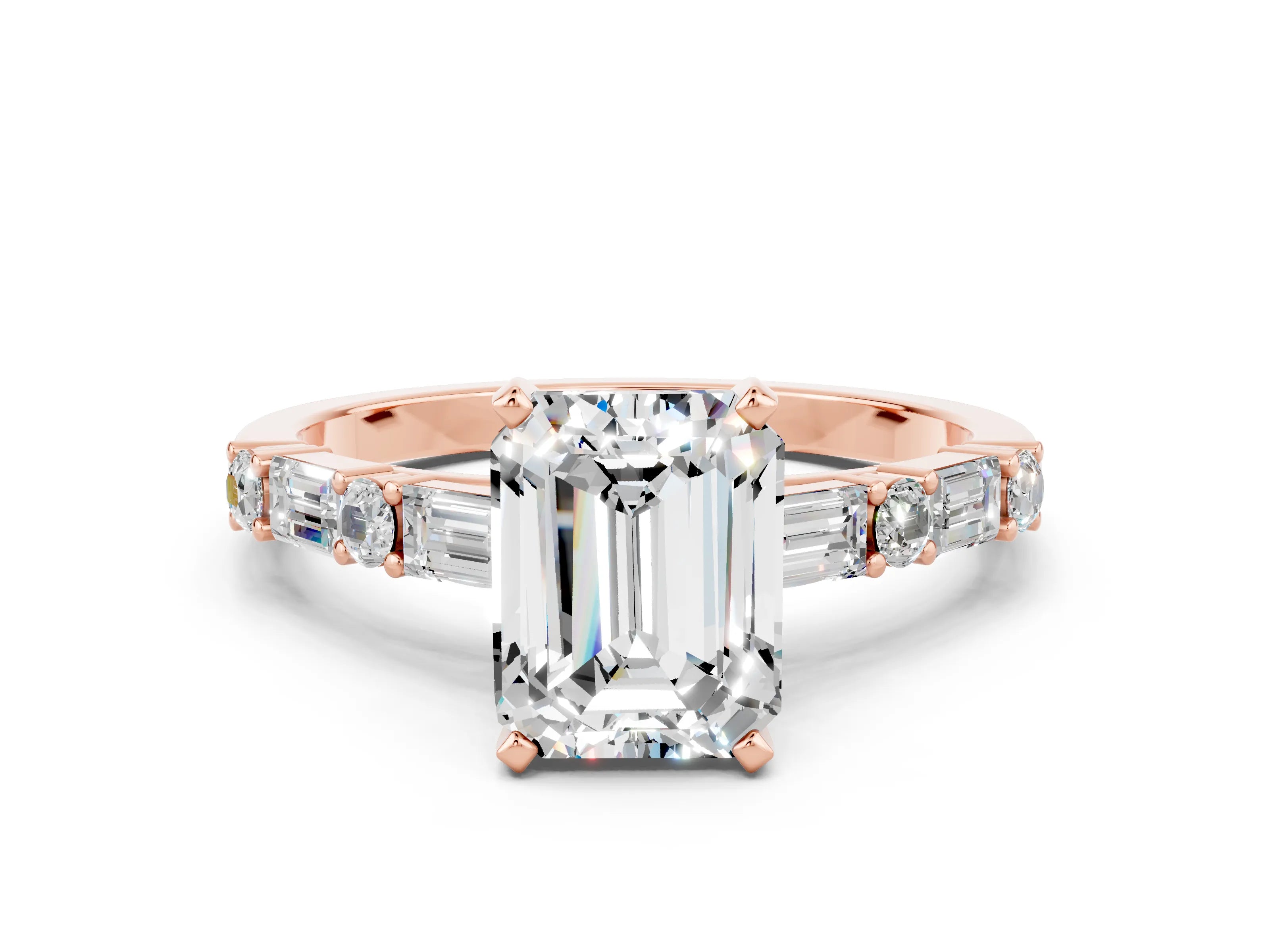Rose gold Emerald Cut Moissanite Solitaire with Side Baguettes and Channel Set Band