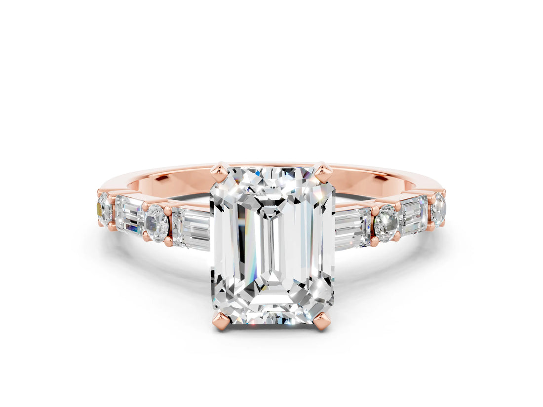 Rose gold Emerald Cut Moissanite Solitaire with Side Baguettes and Channel Set Band
