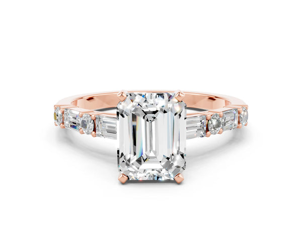 Rose gold Emerald Cut Moissanite Solitaire with Side Baguettes and Channel Set Band