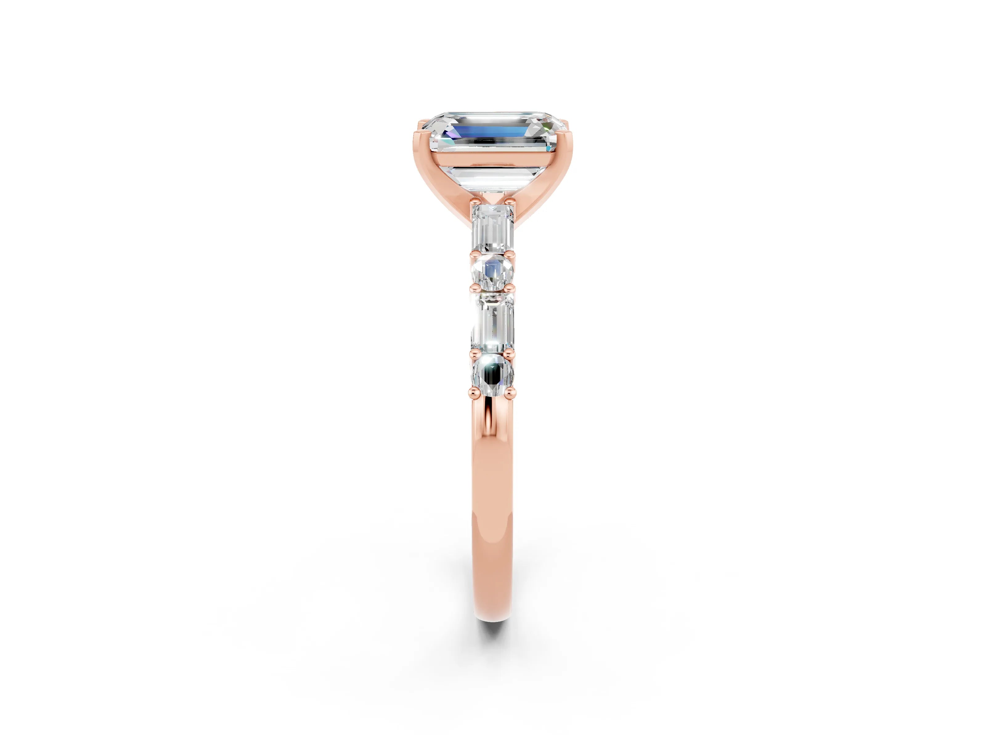 Rose gold Emerald Cut Moissanite Solitaire with Side Baguettes and Channel Set Band_2
