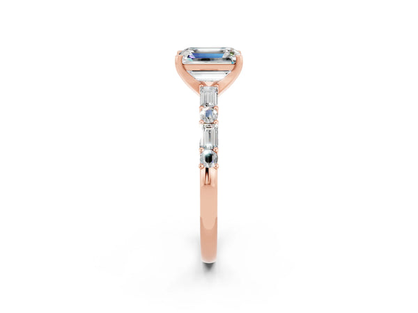 Rose gold Emerald Cut Moissanite Solitaire with Side Baguettes and Channel Set Band