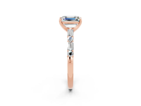 Rose gold Emerald Cut Moissanite Solitaire with Side Baguettes and Channel Set Band_2