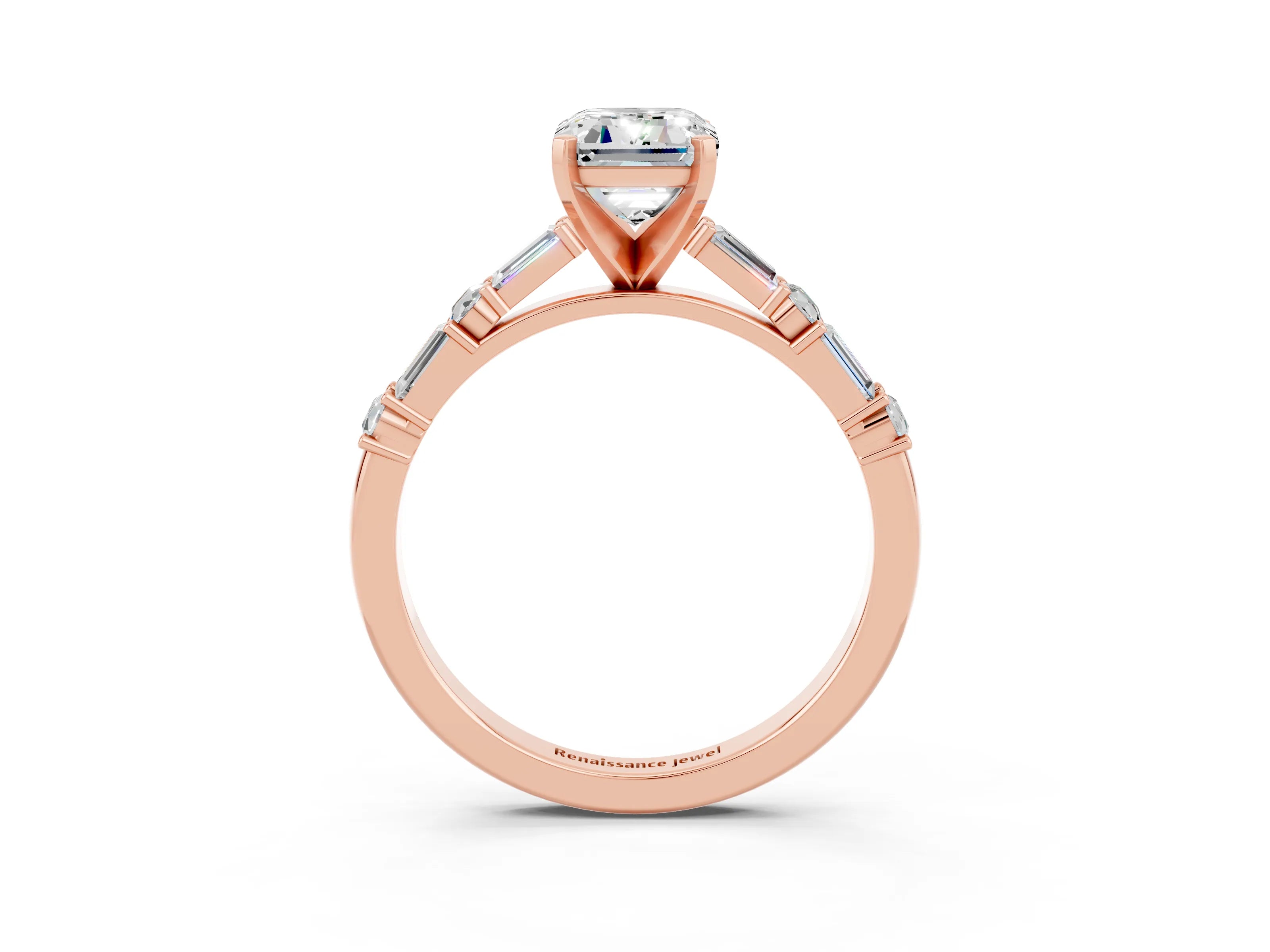 Rose gold Emerald Cut Moissanite Solitaire with Side Baguettes and Channel Set Band_3
