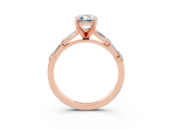 Rose gold Emerald Cut Moissanite Solitaire with Side Baguettes and Channel Set Band