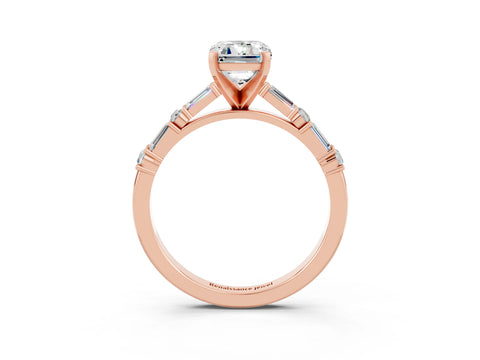Rose gold Emerald Cut Moissanite Solitaire with Side Baguettes and Channel Set Band_3