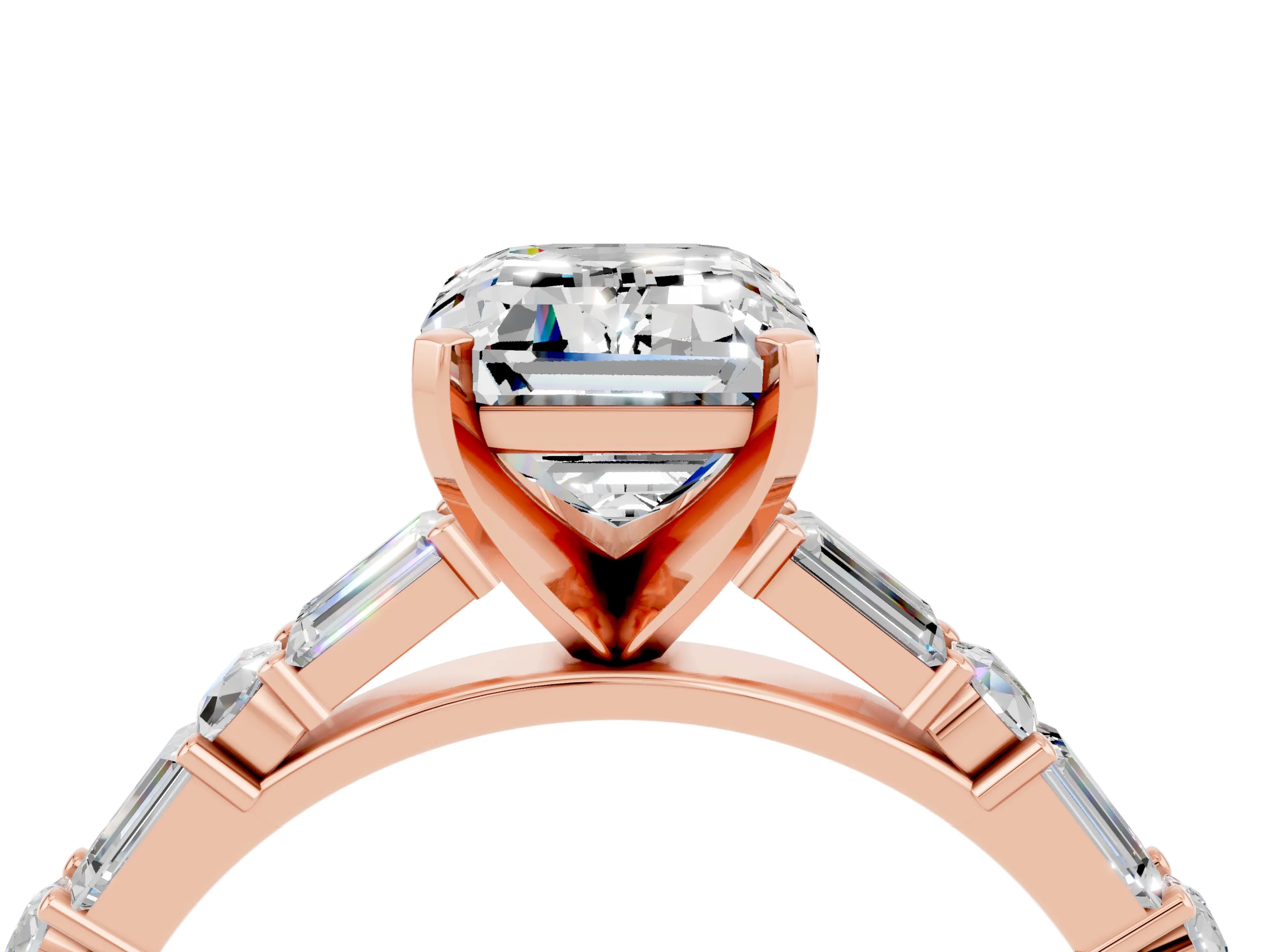 Rose gold Emerald Cut Moissanite Solitaire with Side Baguettes and Channel Set Band_4