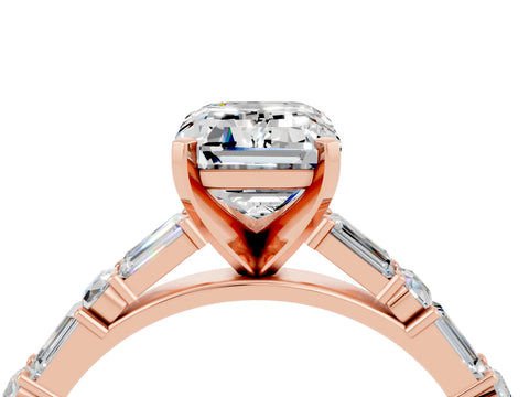 Rose gold Emerald Cut Moissanite Solitaire with Side Baguettes and Channel Set Band_4