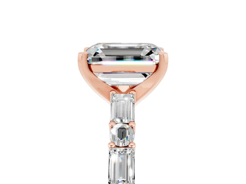 Rose gold Emerald Cut Moissanite Solitaire with Side Baguettes and Channel Set Band_5