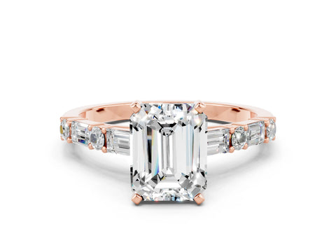 Rose gold Emerald Cut Moissanite Solitaire with Side Baguettes and Channel Set Band