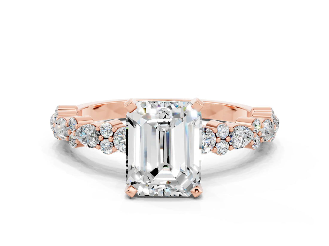 Rose gold Emerald Cut Moissanite Solitaire with Side Stones, Pave Band, Four-Prong Setting_48