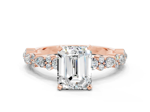 Rose gold Emerald Cut Moissanite Side Stone Solitaire Ring with Round  and Four-Prong Setting