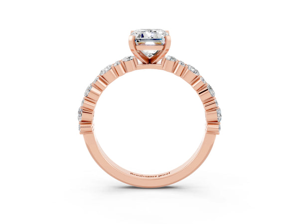 Rose gold Emerald Cut Moissanite Side Stone Solitaire Ring with Round  and Four-Prong Setting
