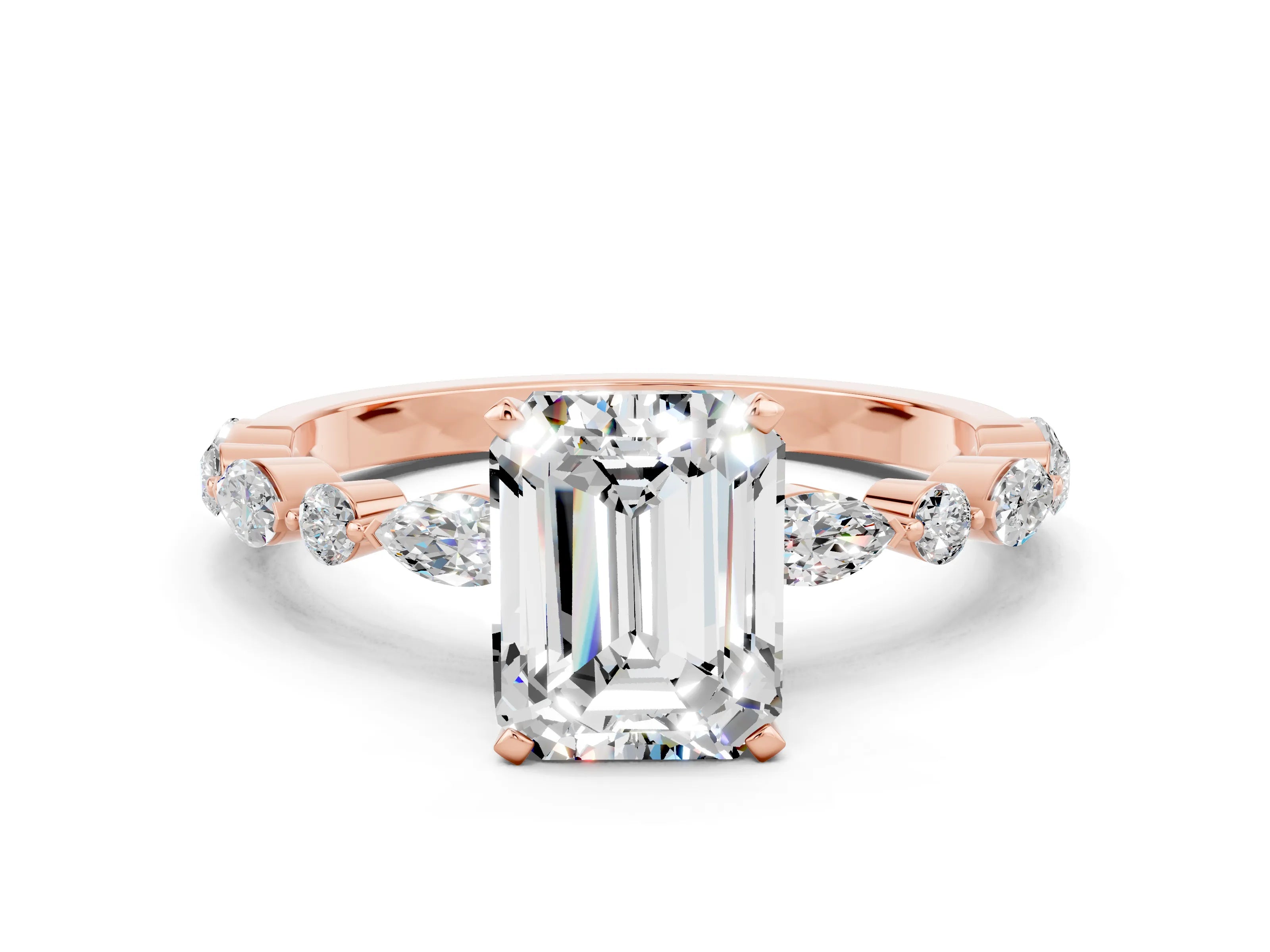 Rose gold Emerald Cut Moissanite Solitaire with Side Stones on a Pavé Band and Four-Prong Setting