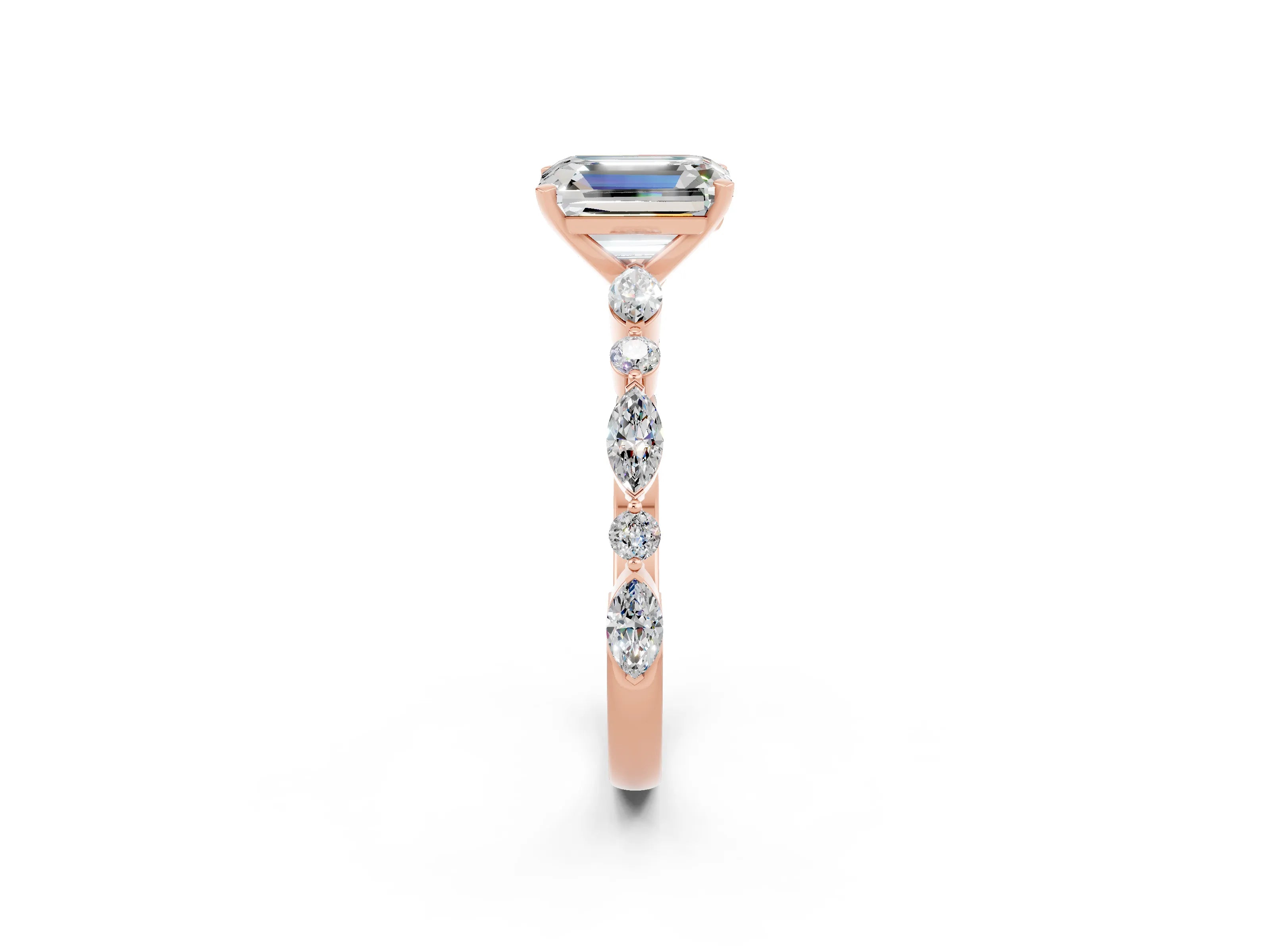 Rose gold Emerald Cut Moissanite Solitaire with Side Stones on a Pavé Band and Four-Prong Setting_2