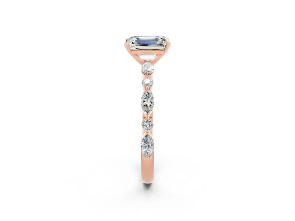 Rose gold Emerald Cut Moissanite Ring with Marquise and Round  Side Stones and Four-Prong Setting