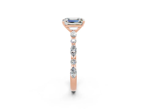 Rose gold Emerald Cut Moissanite Solitaire with Side Stones on a Pavé Band and Four-Prong Setting_2