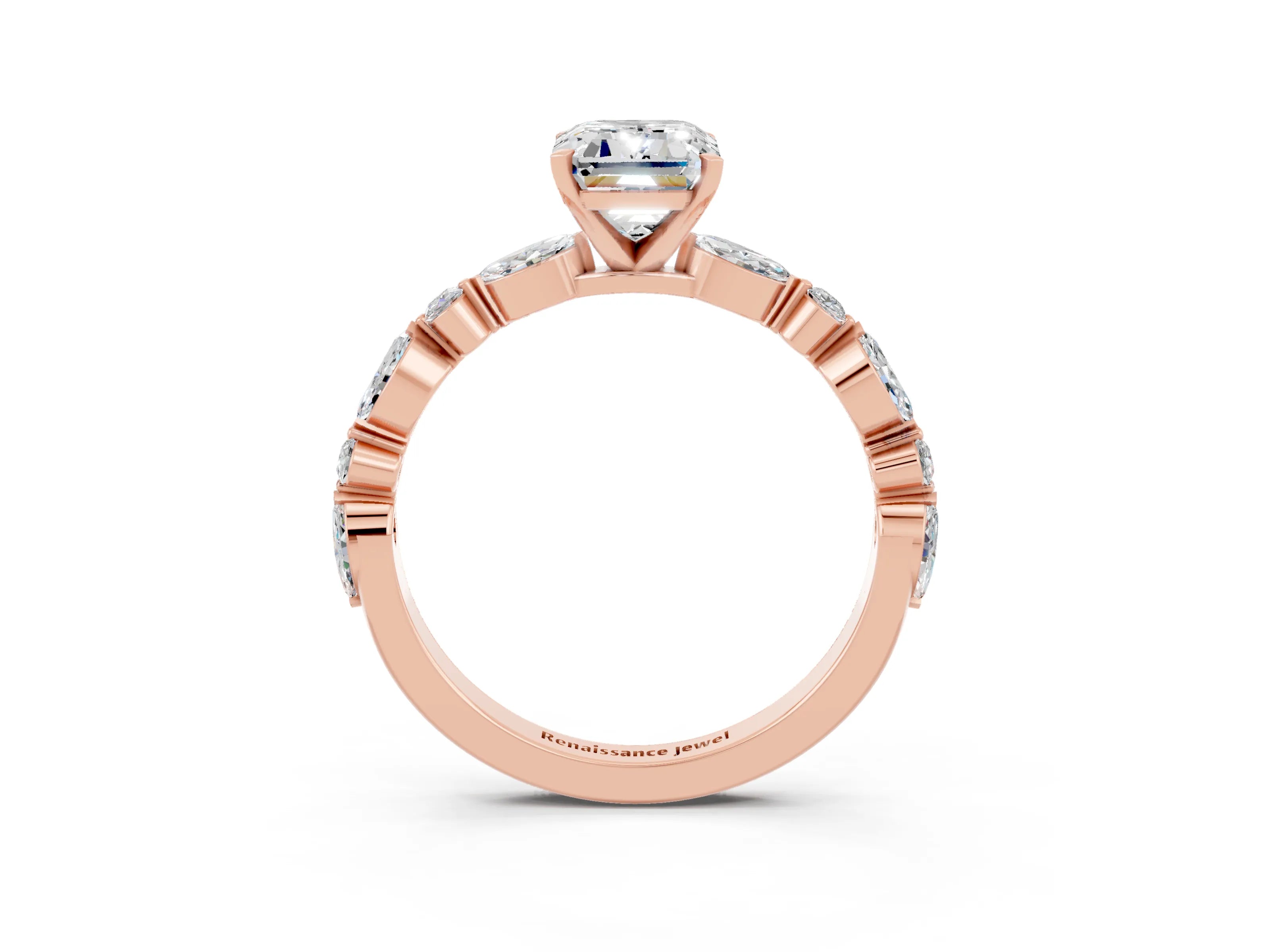 Rose gold Emerald Cut Moissanite Solitaire with Side Stones on a Pavé Band and Four-Prong Setting_3