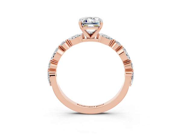 Rose gold Emerald Cut Moissanite Ring with Marquise and Round  Side Stones and Four-Prong Setting