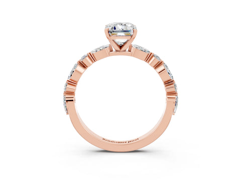 Rose gold Emerald Cut Moissanite Solitaire with Side Stones on a Pavé Band and Four-Prong Setting_3