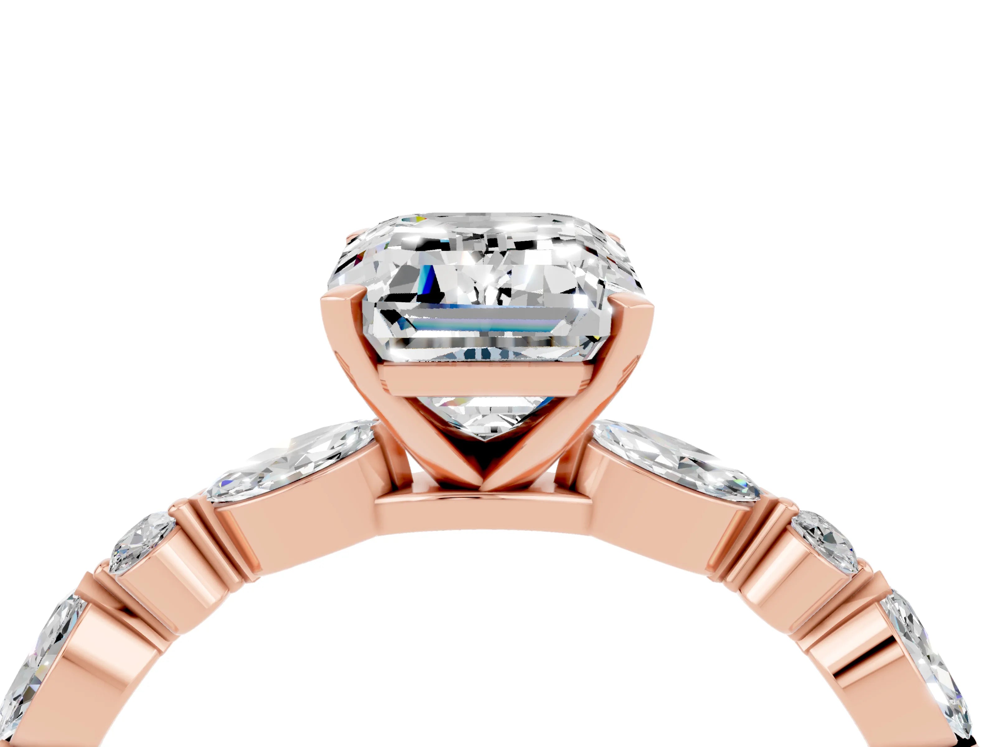 Rose gold Emerald Cut Moissanite Solitaire with Side Stones on a Pavé Band and Four-Prong Setting_4