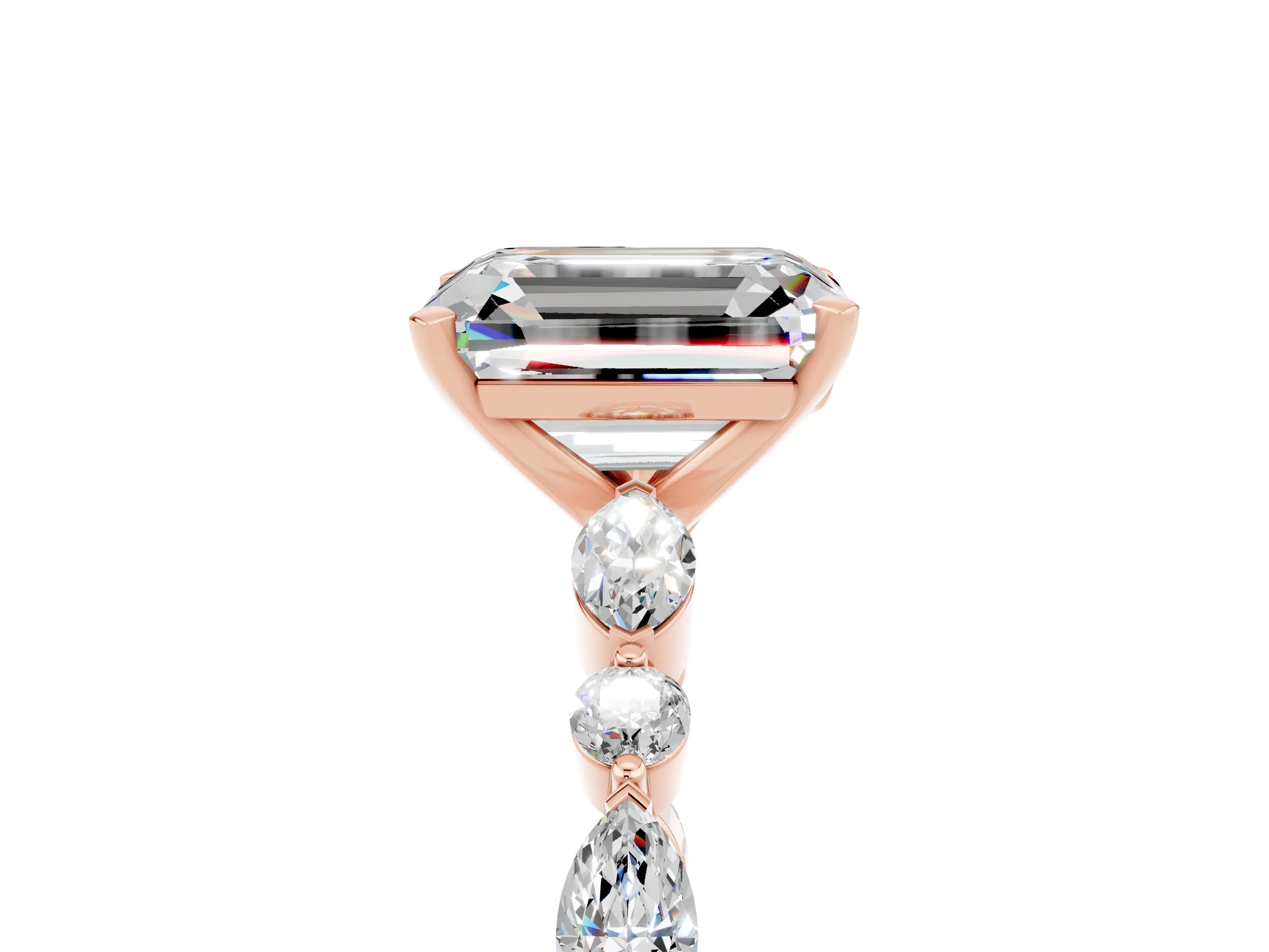 Rose gold Emerald Cut Moissanite Solitaire with Side Stones on a Pavé Band and Four-Prong Setting_5