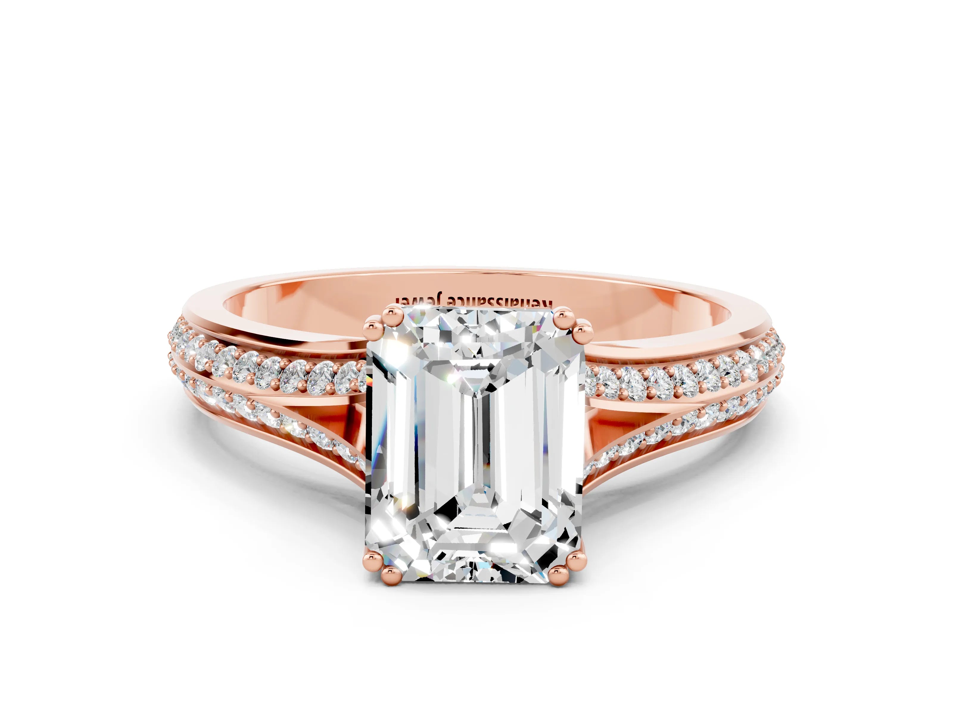 Rose gold Emerald Cut Moissanite Split Shank Engagement Ring with Pavé Band