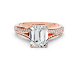 Rose gold Emerald Cut Moissanite Split Shank Engagement Ring with Pavé Band