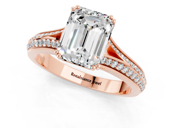 Rose gold Emerald Cut Moissanite Split Shank Engagement Ring with Pavé Band