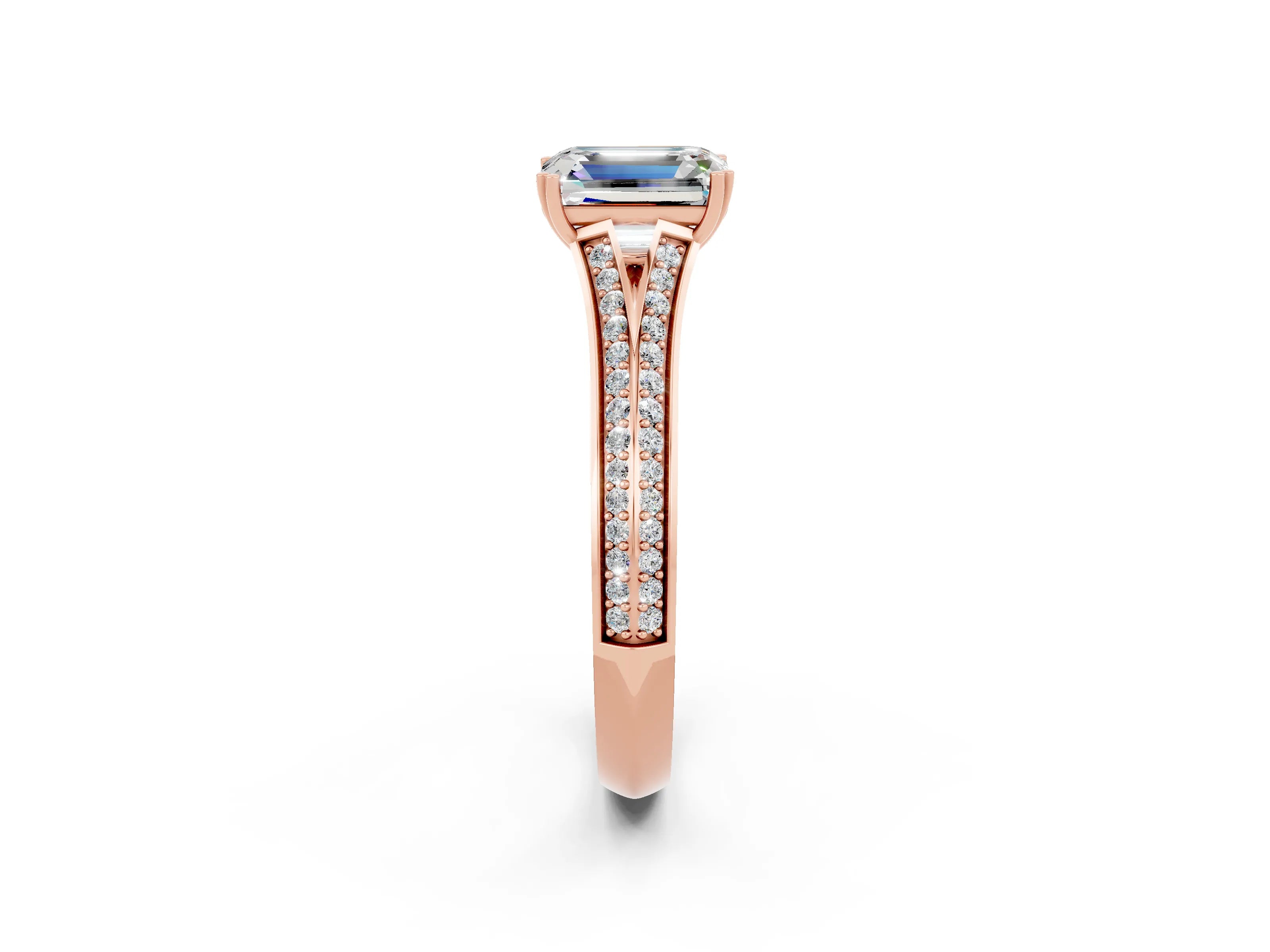 Rose gold Emerald Cut Moissanite Split Shank Engagement Ring with Pavé Band_2