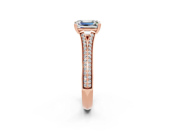 Rose gold Emerald Cut Moissanite Split Shank Engagement Ring with Pavé Band