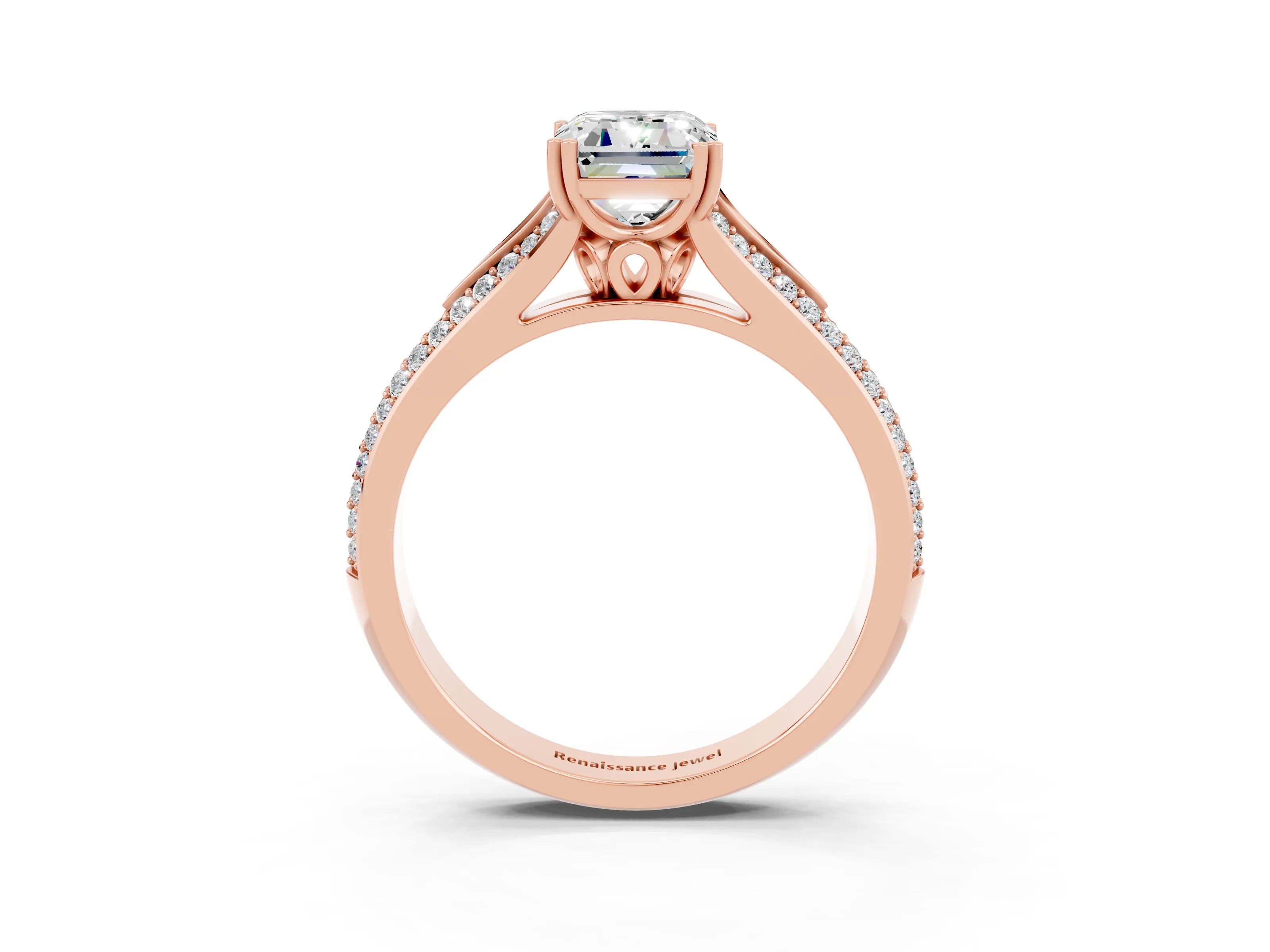 Rose gold Emerald Cut Moissanite Split Shank Engagement Ring with Pavé Band_3