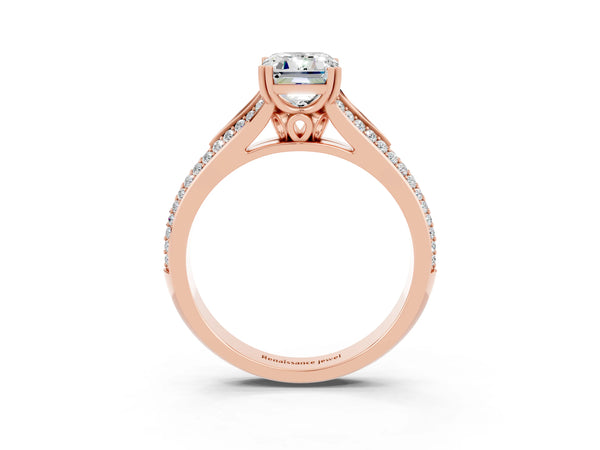 Rose gold Emerald Cut Moissanite Split Shank Engagement Ring with Pavé Band