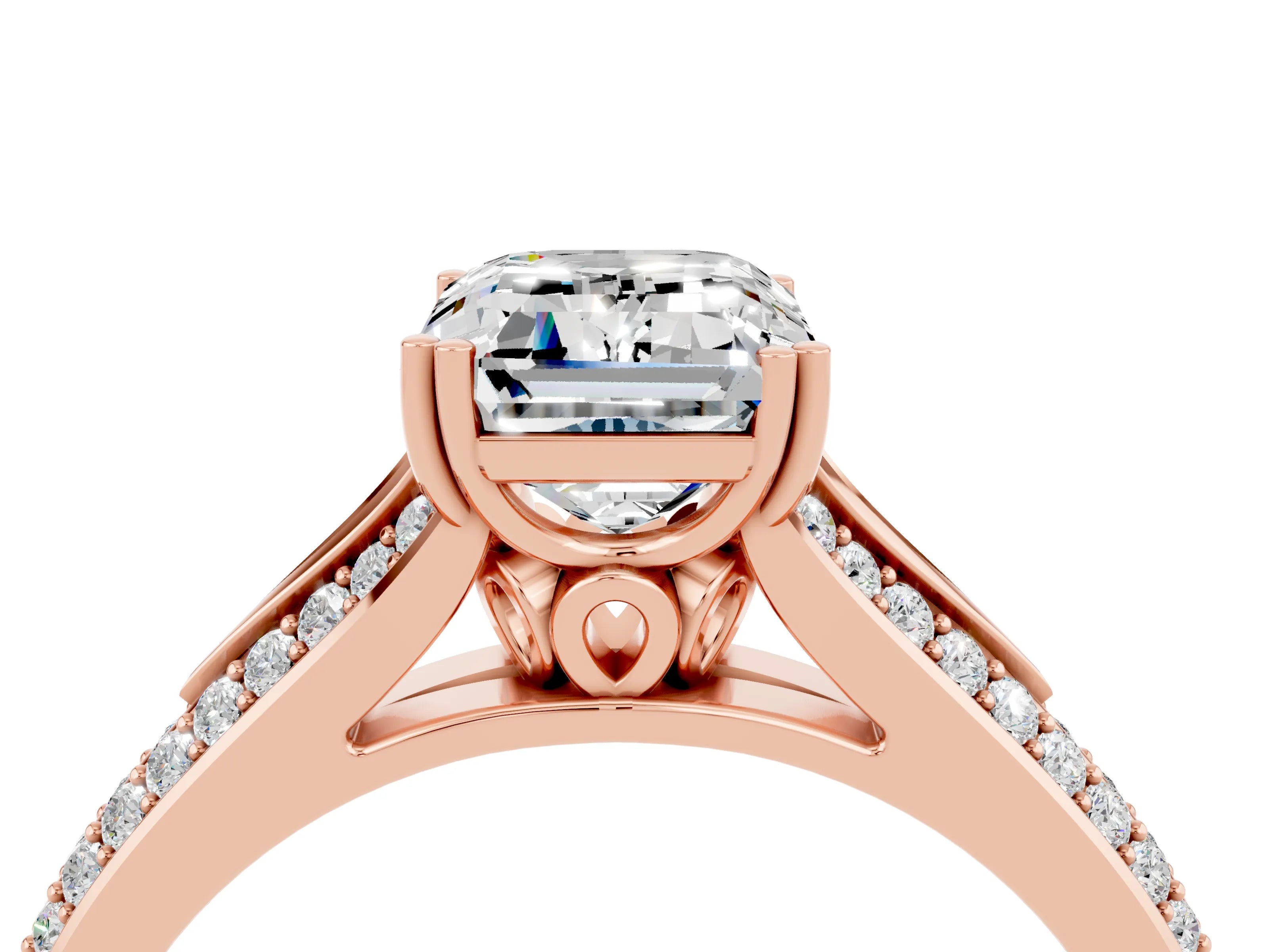 Rose gold Emerald Cut Moissanite Split Shank Engagement Ring with Pavé Band_4
