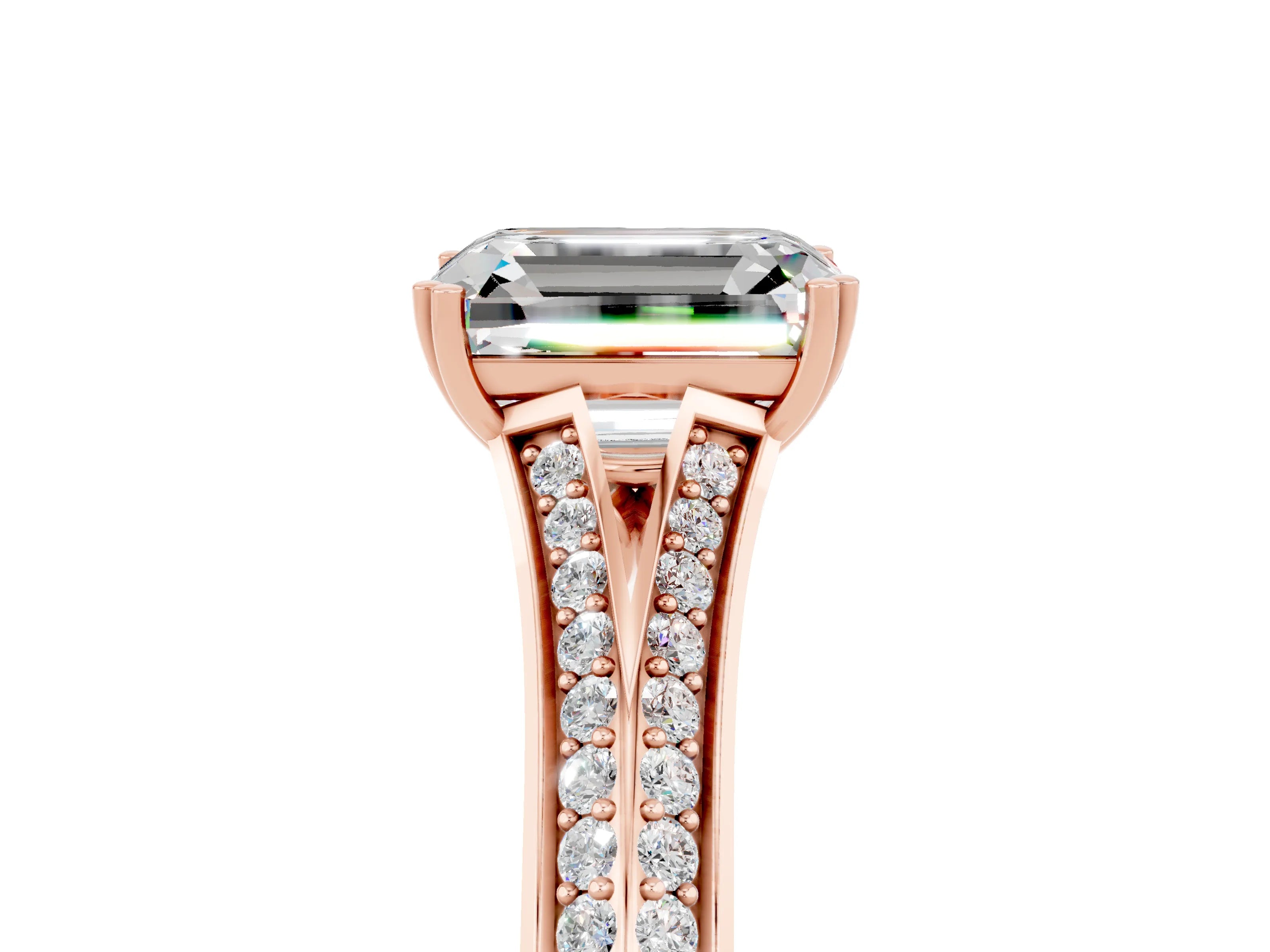 Rose gold Emerald Cut Moissanite Split Shank Engagement Ring with Pavé Band_5