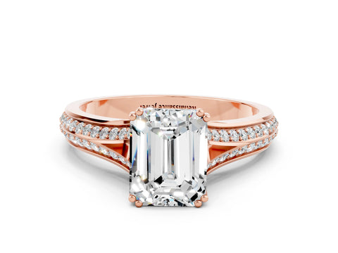 Rose gold Emerald Cut Moissanite Split Shank Engagement Ring with Pavé Band