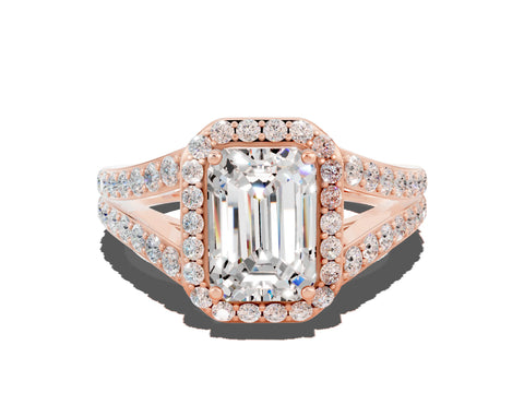 Rose gold Emerald Cut Moissanite Split Shank Halo Ring with Four-Prong Setting_12