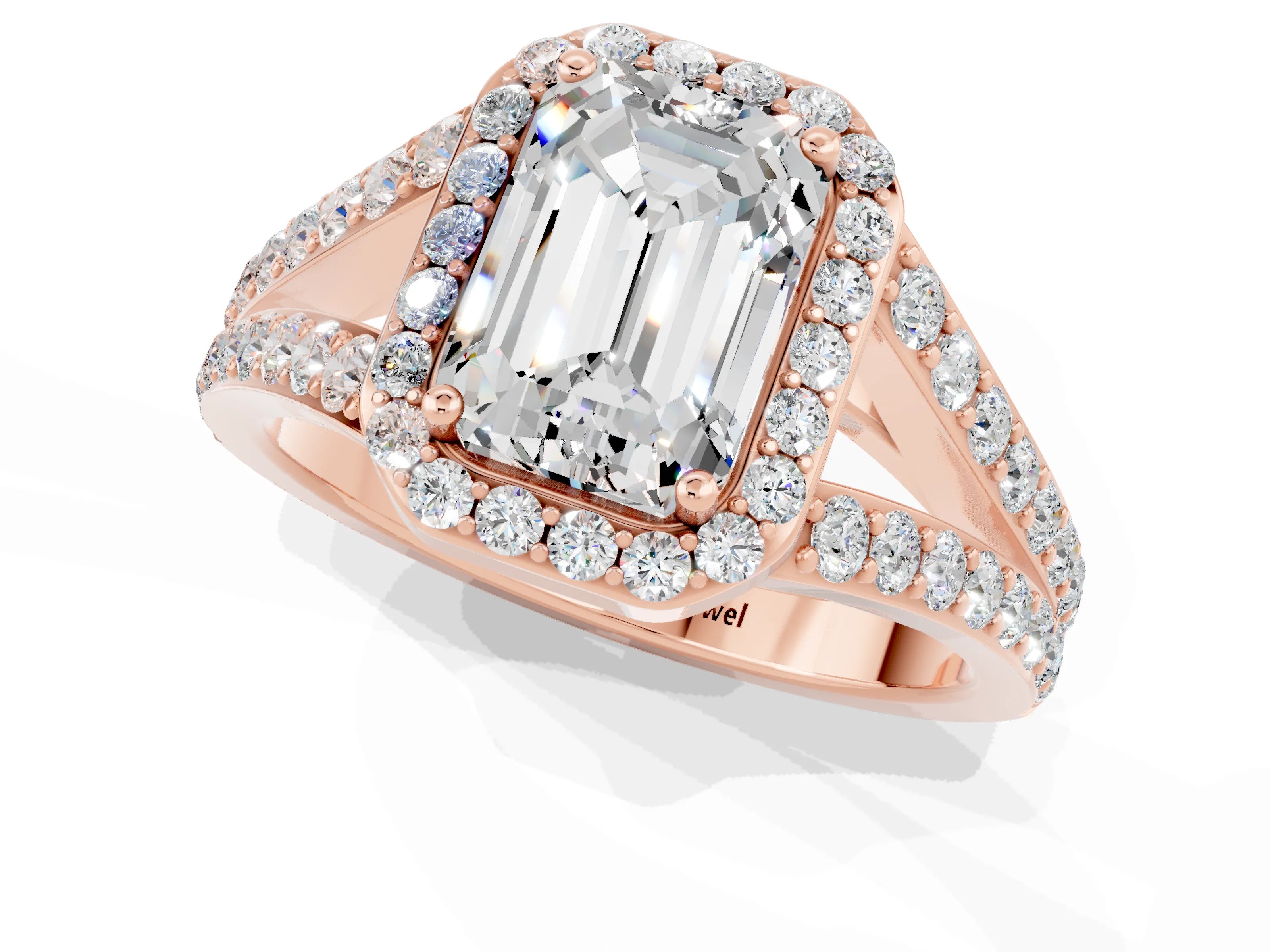 Rose gold Emerald Cut Moissanite Split Shank Halo Ring with Four-Prong Setting_13