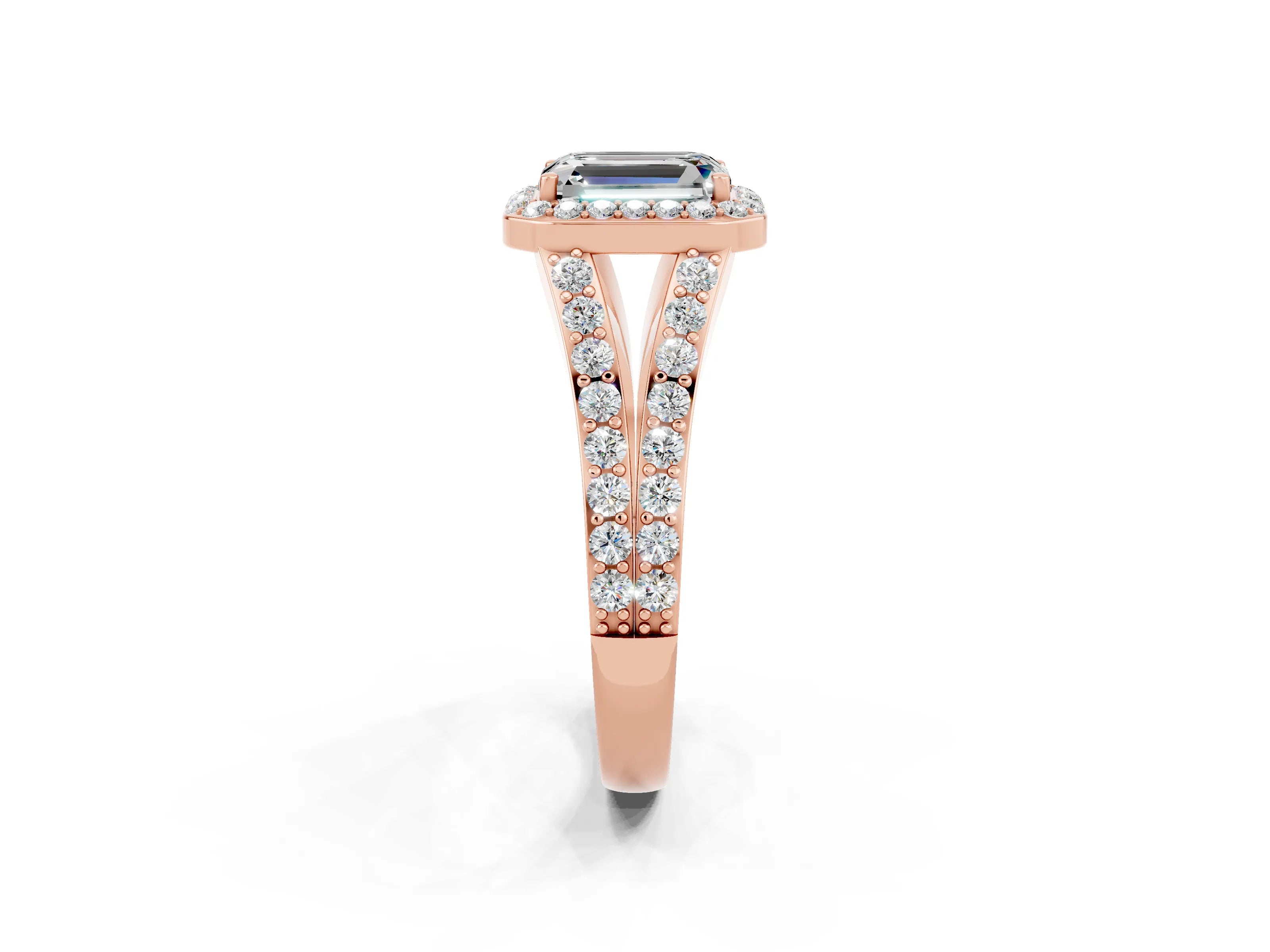 Rose gold Emerald Cut Moissanite Split Shank Halo Ring with Four-Prong Setting_14