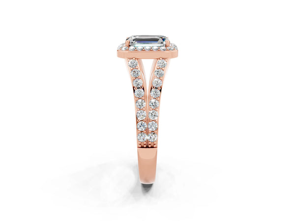 Rose gold Emerald Cut Moissanite Split Shank Halo Ring with Four-Prong Setting